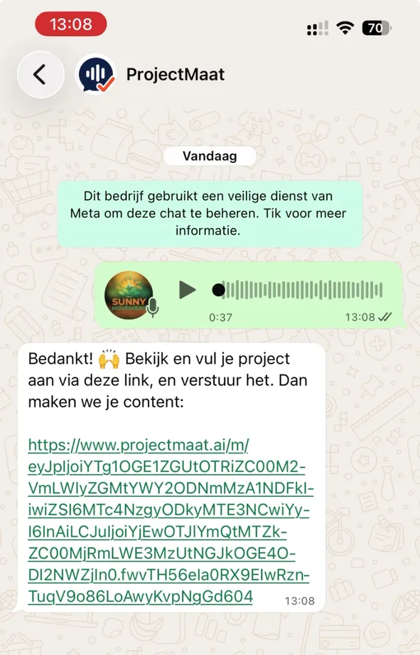 ProjectMaat in WhatsApp: een voicememo van een klus wordt content, met een link om je project aan te vullen en goed te keuren