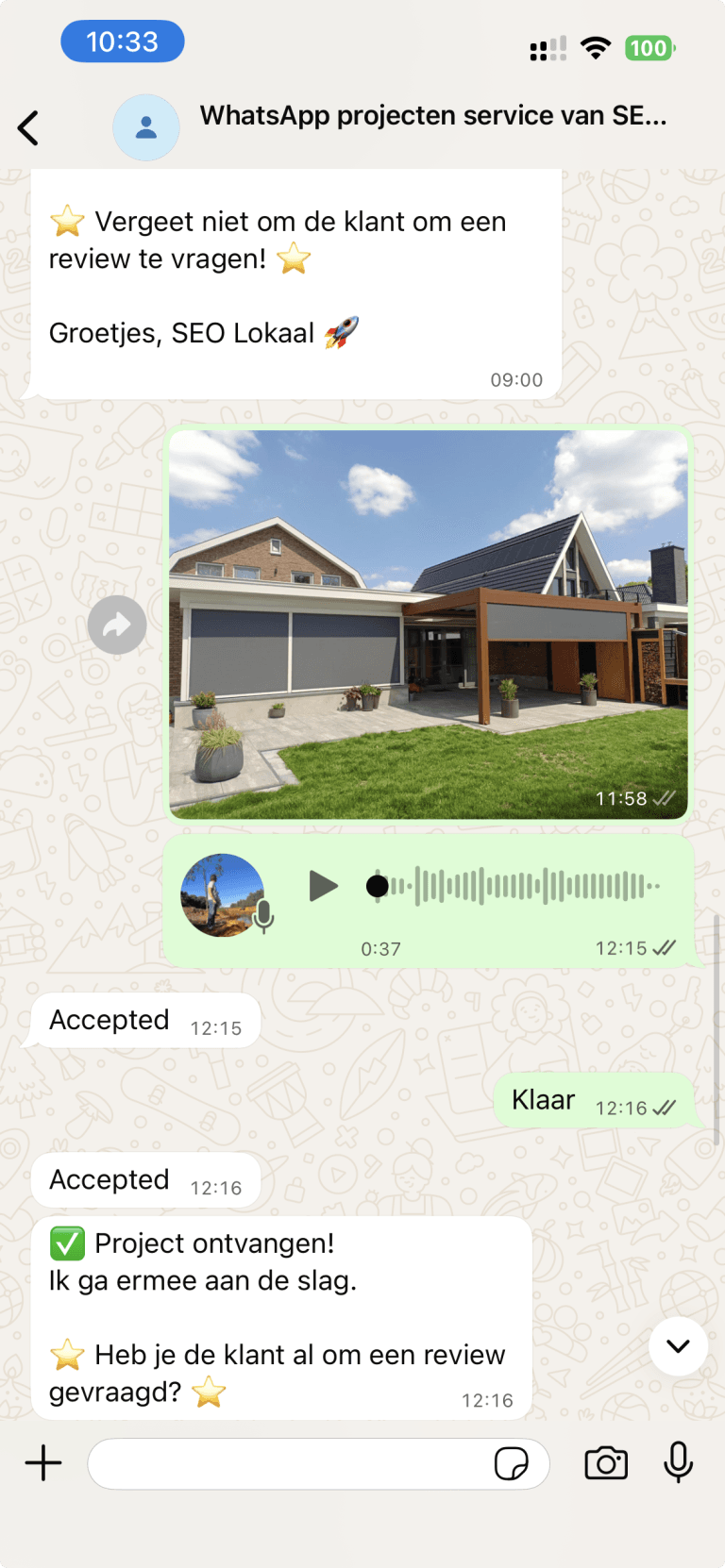 WhatsApp-werkwijze: beeldmateriaal en een voicememo worden content voor je website en Google Bedrijfsprofiel